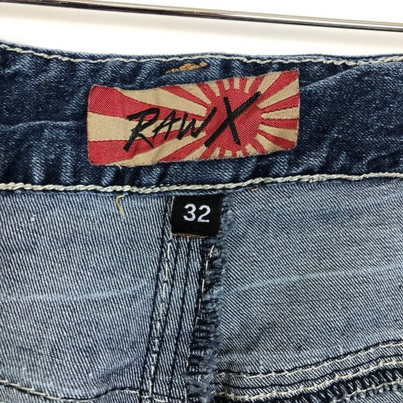 Raw X Mens Jeans 32 Distressed Contrast Double Stitching Stretch Med Dark Wash - Picture 3 of 11